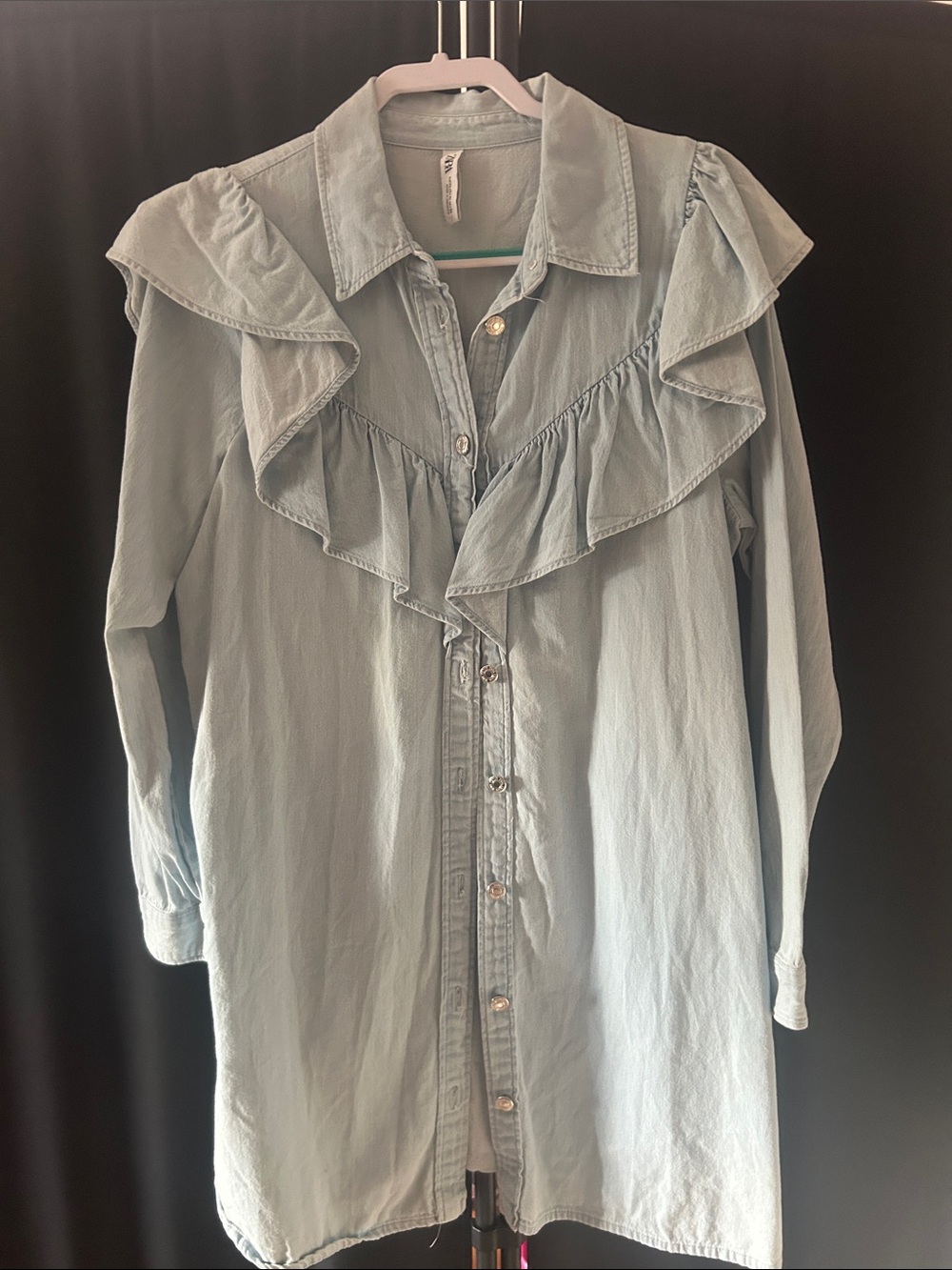 Zara Light Blue Ruffle Chambray Dress